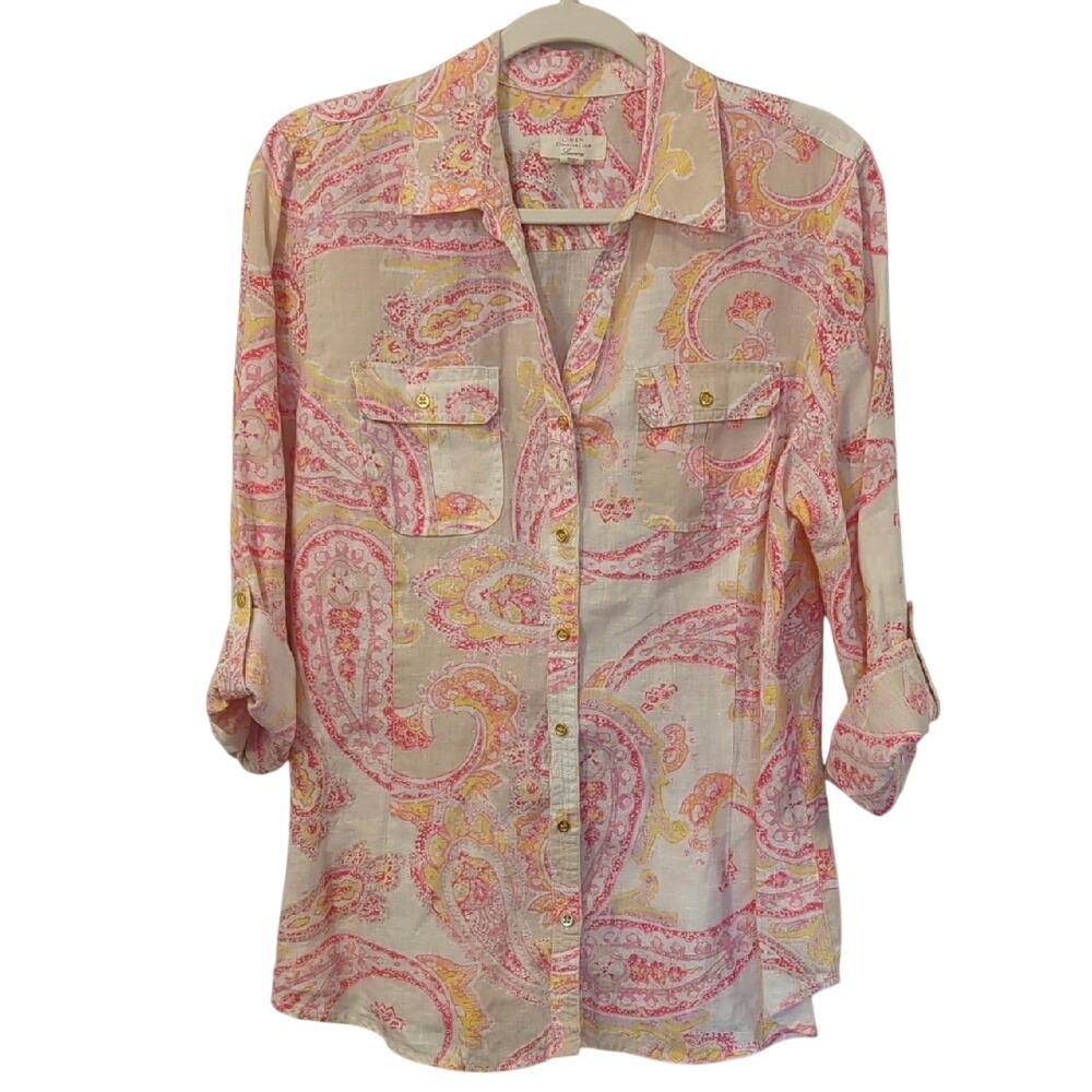 100% Linen Paisley Button-Up Shirt Pink‎ size Large